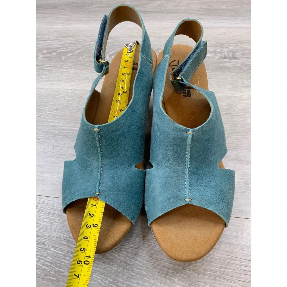 Clarks Women's Teal Blue Suede Cork Wedge Sandals 9 Casual Comfort Shoes